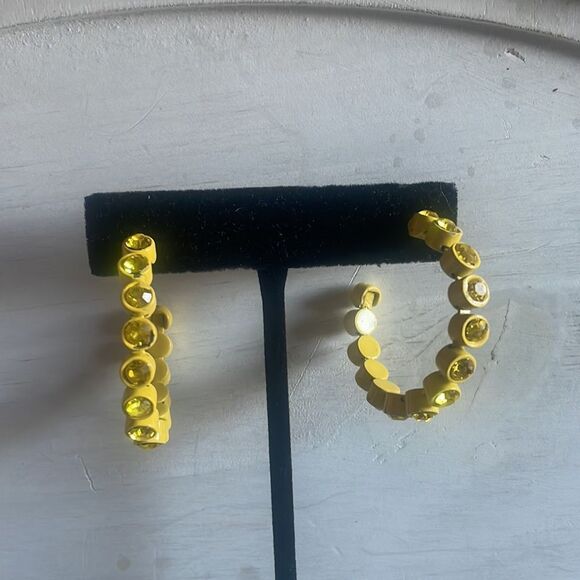 Yellow Powder Coated Rhinestone Hoop Earrings - Picture 4 of 12